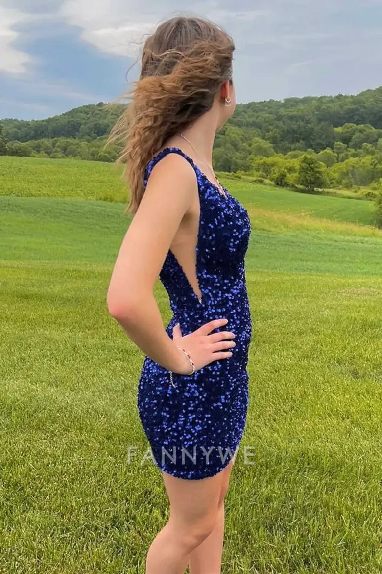 FannyWe Simple Blue Sequins Plunge Mini Homecoming Dress formal wear dresses